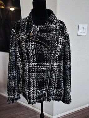 REBELS Women's Black & White Plaid Tweed Moto Blazer Size 2X. NWNT